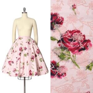 Vintage 1950s Circle Skirt 50s Rose Floral Print Flocked Cotton Swing Skirt